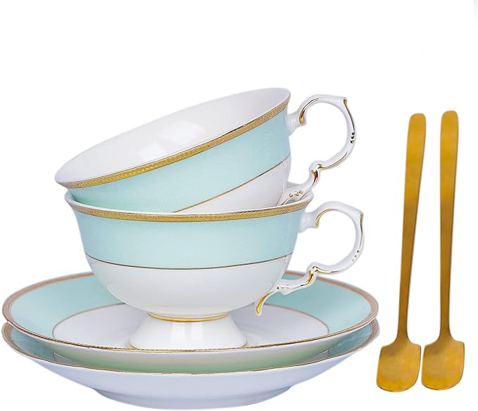 Taimei Teatime Porcelain Cup and Saucer 8 oz with Spoon, Set of 2, European Vintage Coffee Cup Se... | Amazon (US)