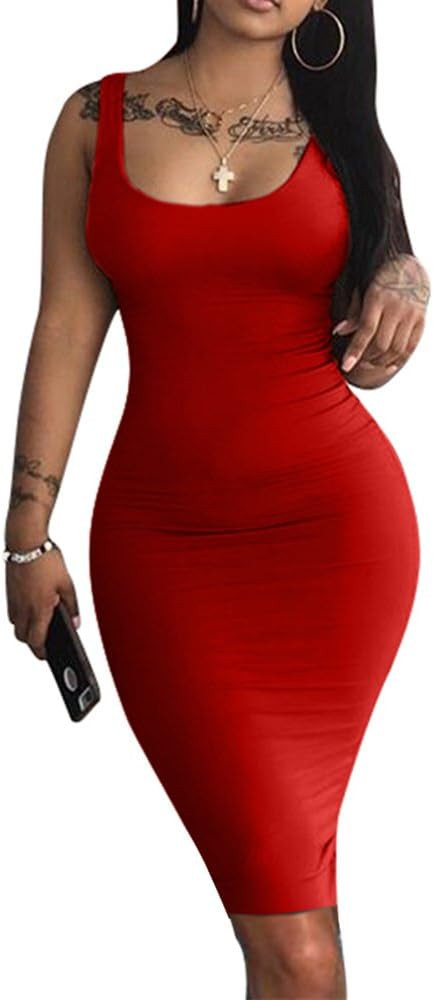 LAGSHIAN Women's Sexy Bodycon Tank Dress Sleeveless Basic Midi Club Dresses | Amazon (US)