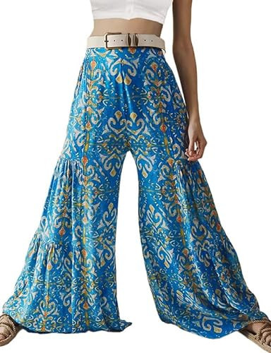 Lrady Women High Waist Wide Leg Palazzo Lounge Pants Beach Boho Tie-Waist Bell Bottoms Trousers, Sky Blue, X-Large, Classic | Amazon (US)