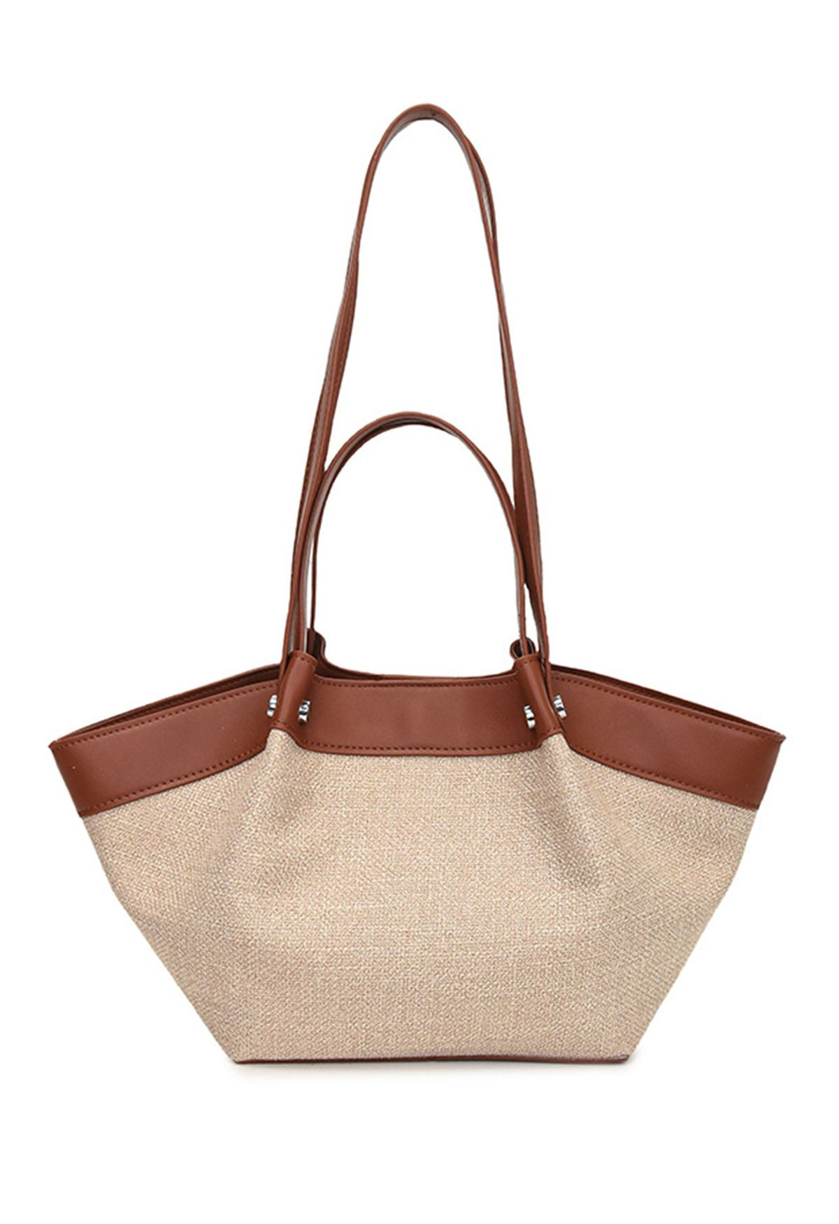 Edgy Contrast Woven Straw Tote Bag in Brown for Office Commute & Weekend Travel | Chicwish