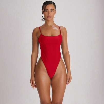 Straight Neck Strappy Binding High Leg Cheeky Swimsuit Swim Vacation Holiday Summer Travel Beachwear Basics Solid Colour Swimwear Resort Core | SHEIN