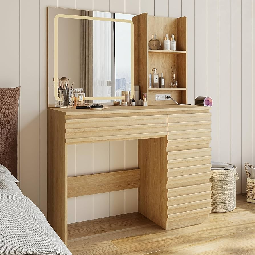 Fluted Vanity Desk with HD Mirror and Lights, Wood Makeup Vanity Table with 4 Drawers & Open Shel... | Amazon (US)