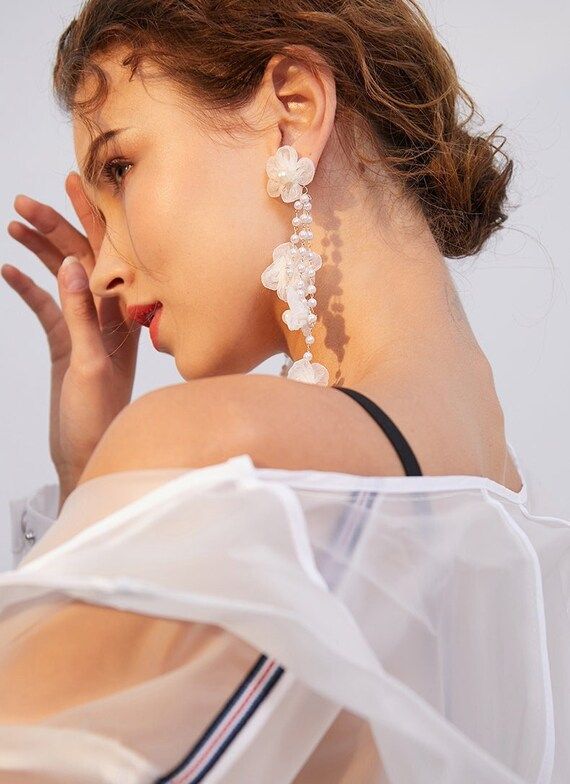 Long Chiffon Flower Pearl Drop Earrings • White Floral Long Drop Boho Bridal Earrings • State... | Etsy (US)