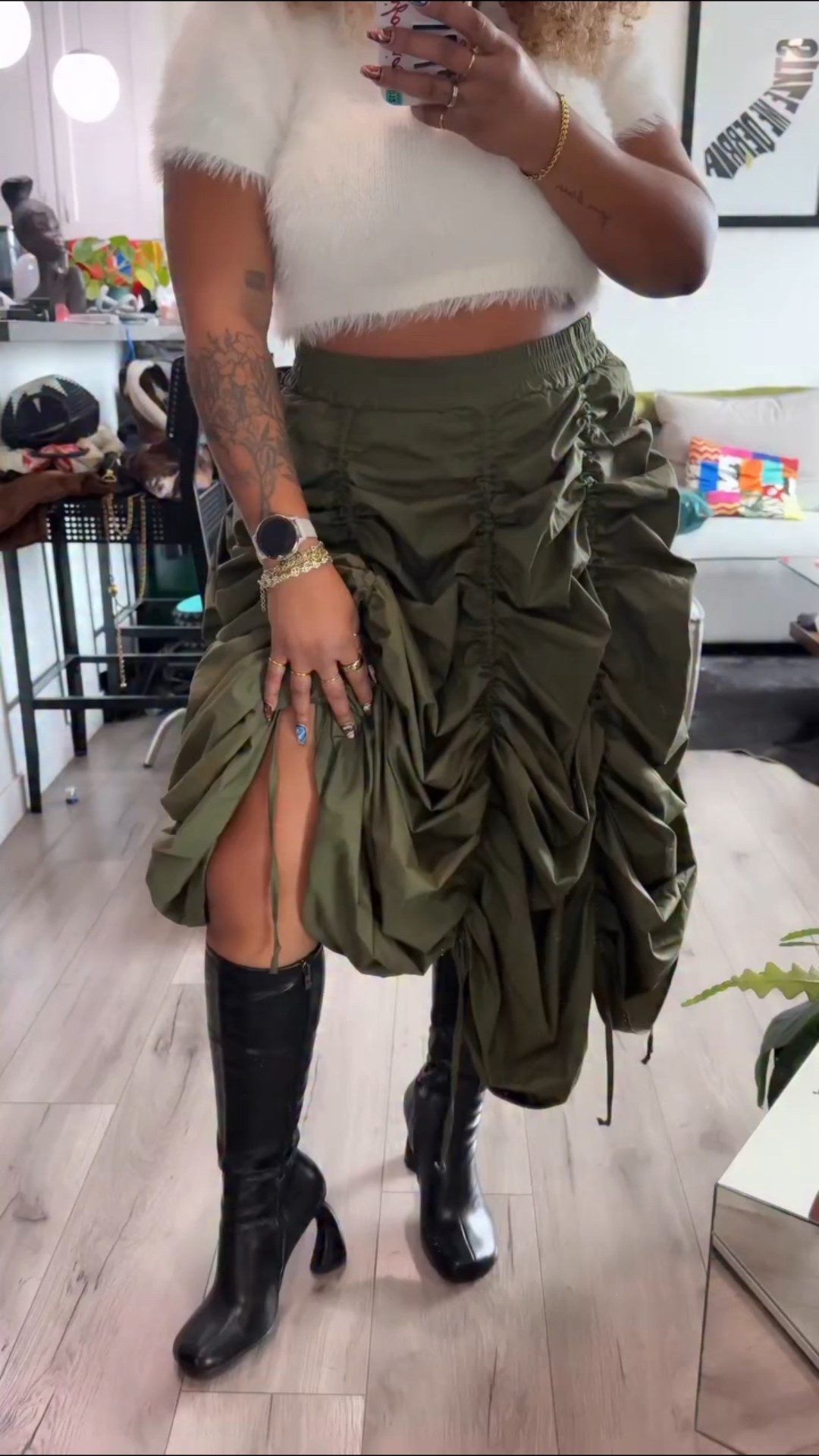 Another designer inspired Amazon boot find under $100! 😮‍💨✨ These have a little stretch but not a ton. So I would not suggest for the super wide calf girlies!
Skirt: Old from @shopakira 
Shirt: Old from @urbanoutfitters

