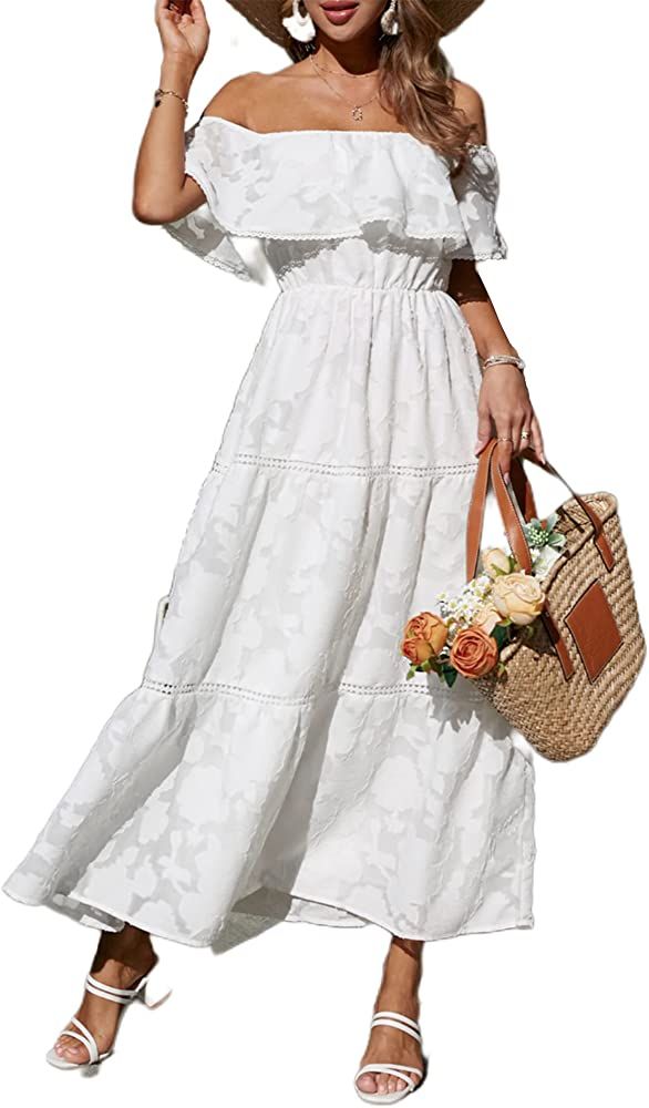 BerryGo Women's Chic Burnout Off The Shoulder Lace Maxi Dress Flowy Long Formal Dress for Wedding Gu | Amazon (US)