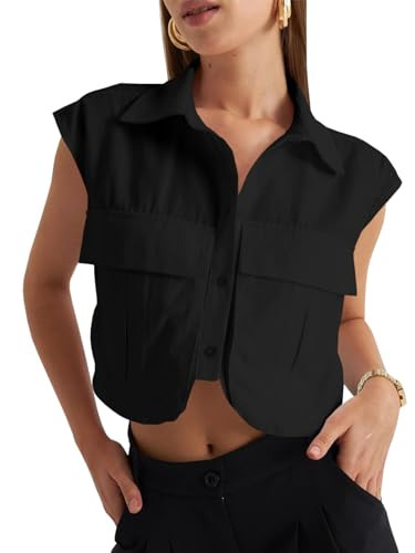 Amazon.com: Tankaneo Womens Button Down Shirts Cute Summer Cap Sleeve Crop Tops Blouse Black : Cl... | Amazon (US)
