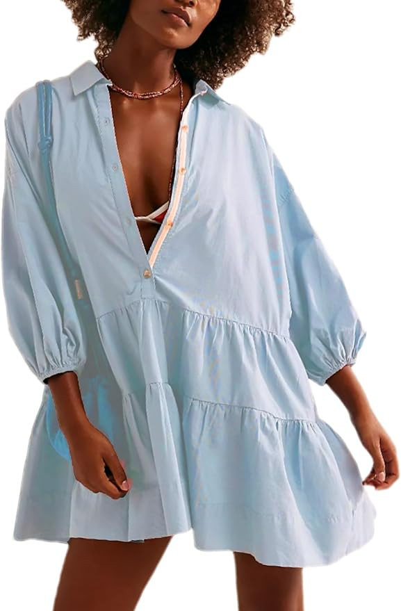 Zontroldy Women's Oversized Casual Collared Babydoll Mini Dresses Puff Sleeve A-line Tiered Shirt... | Amazon (US)