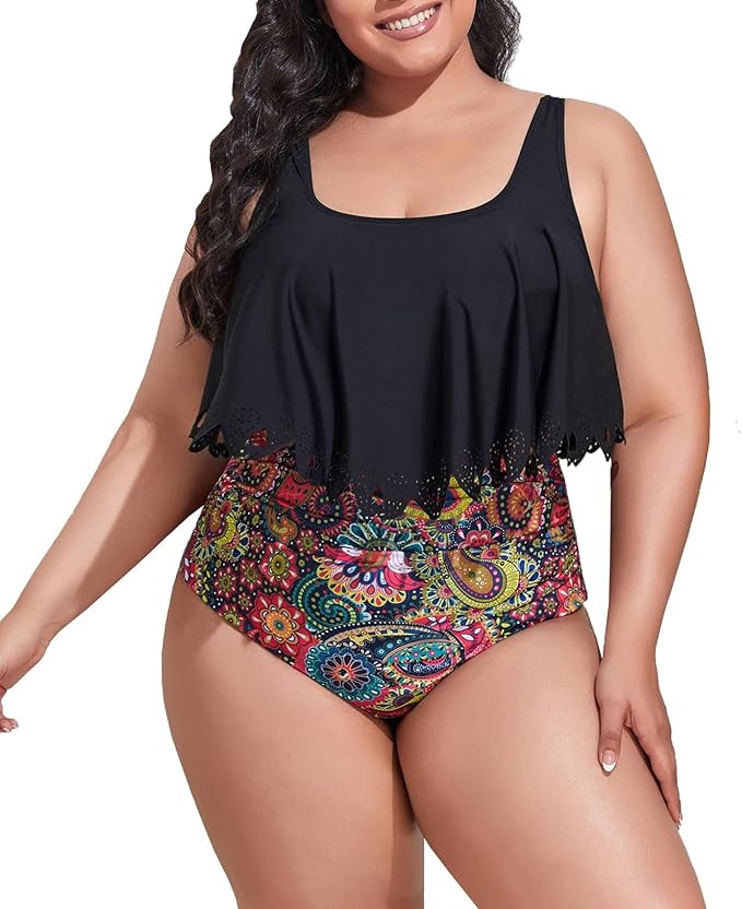 Mooncore Womens Plus Size Swimsuit High Waisted Tankini Bathing Suits Two Piece Flounce Bikini Sw... | Amazon (US)