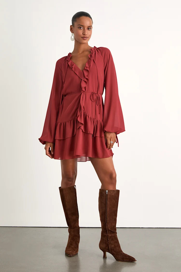 Allirah Rust Red Ruffled Long Sleeve Mini Dress | Lulus