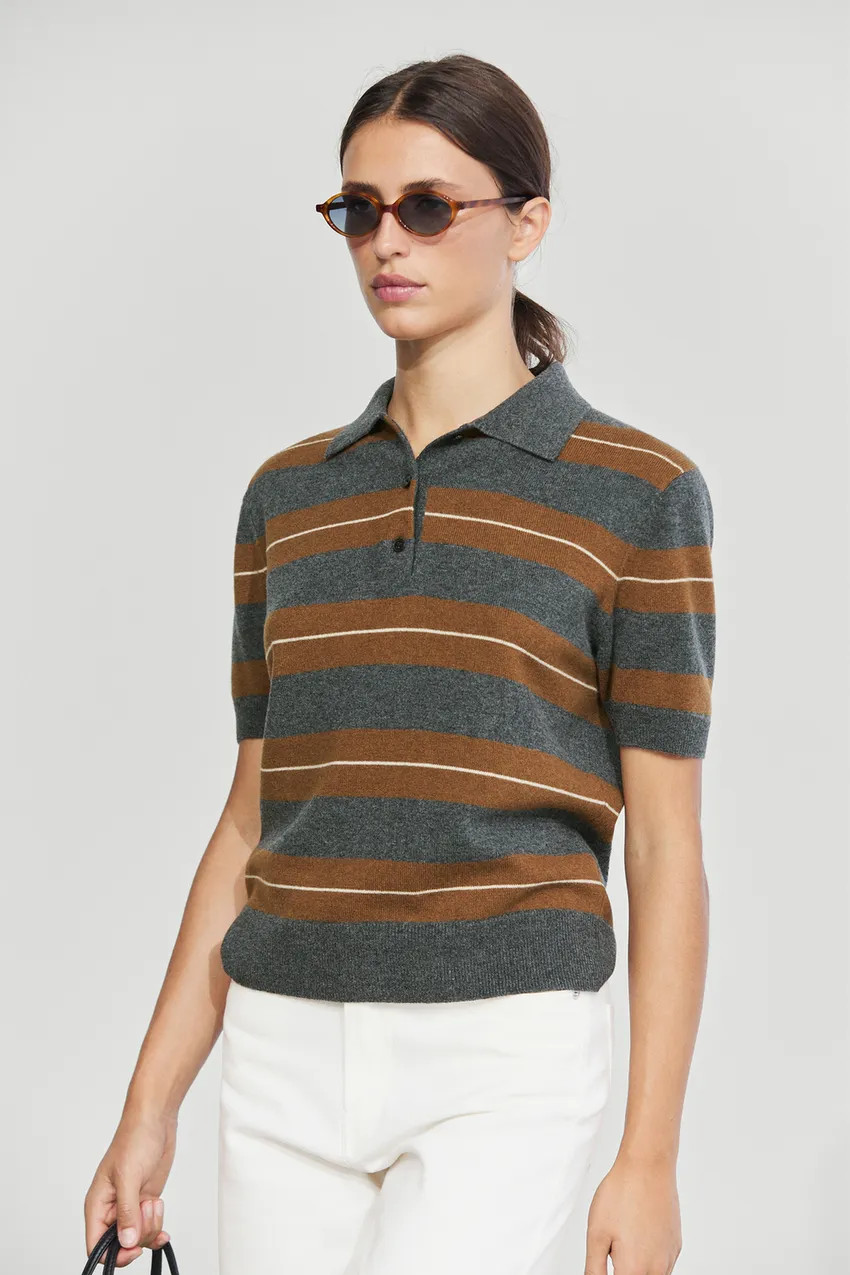 Short sleeve striped wool knit polo shirt - MEDIUM GREY | Massimo Dutti US