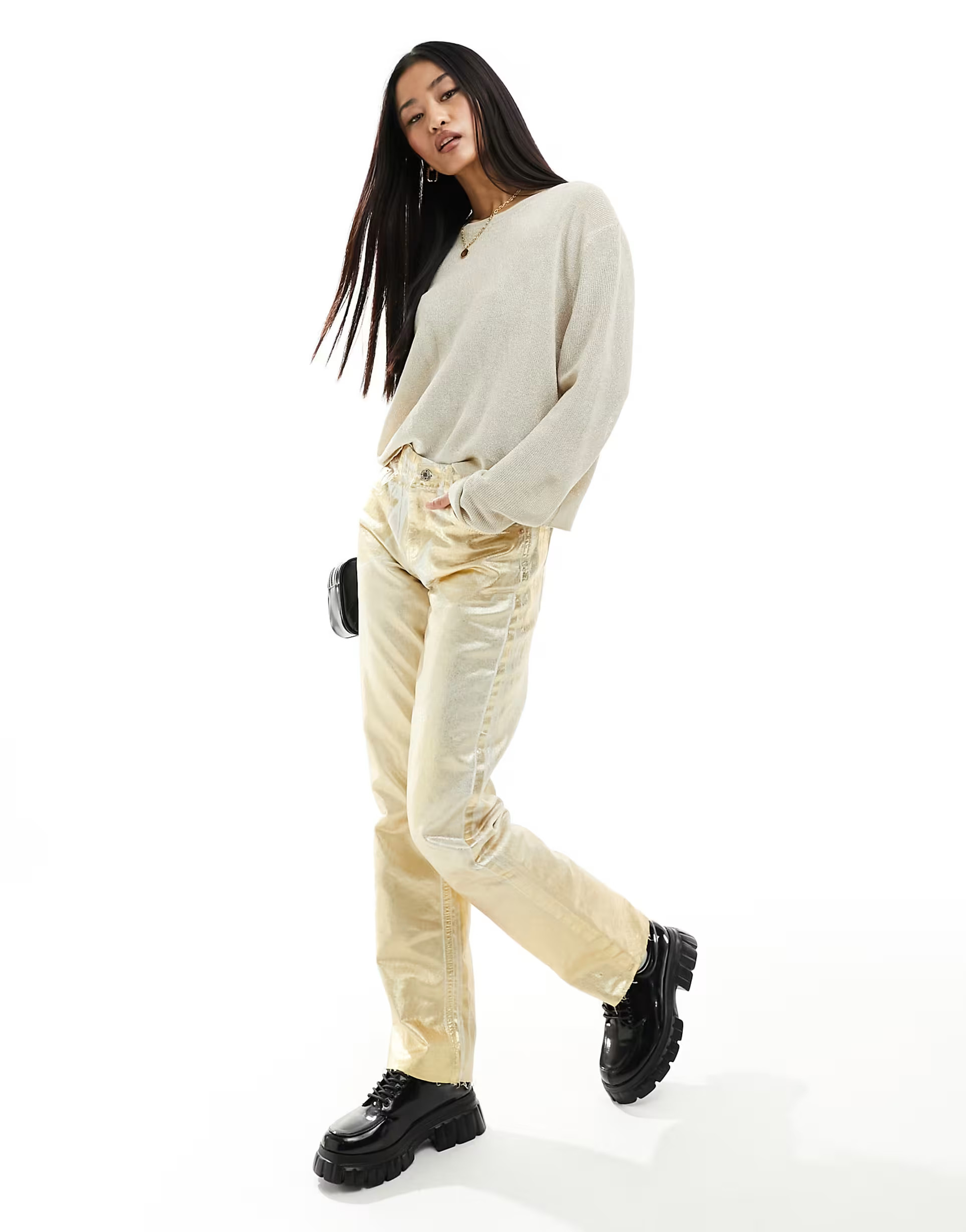 Mango lightweight lurex detail jumper in gold | ASOS (Global)