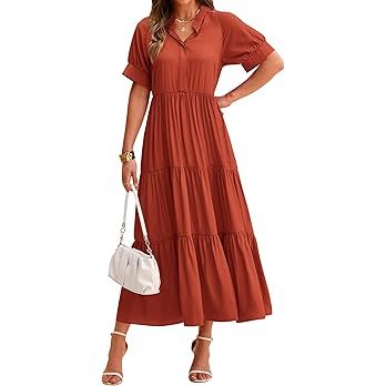 dowerme Women's Summer Dresses 2024 Casual Short Sleeve Button Loose Fit Pleated Boho Flowy Swing... | Amazon (US)