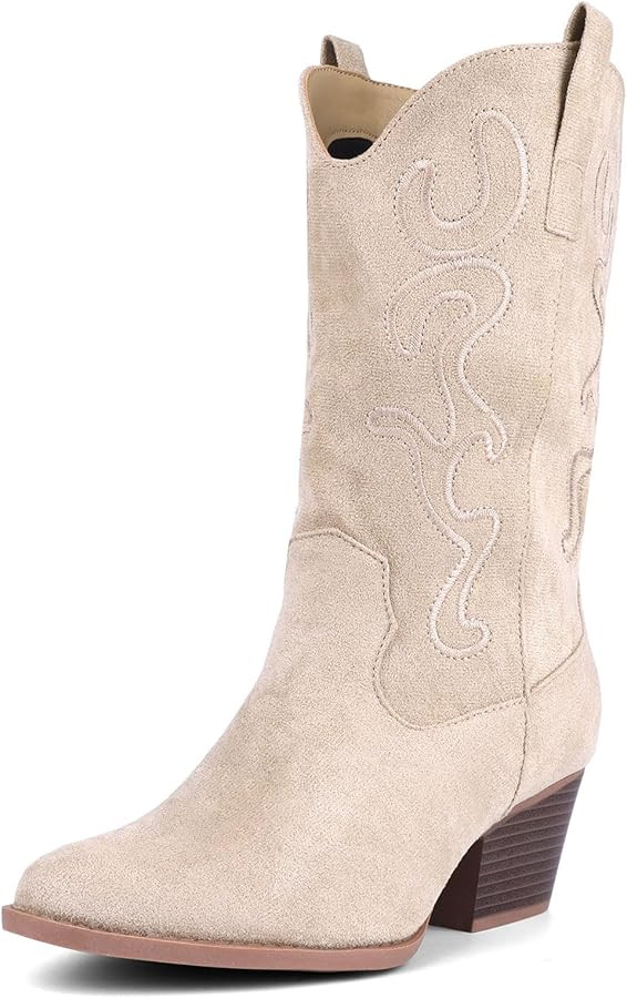 Bandkos Cowboy Boots for Women Cowgirl Mid Calf Western Embroidered Boot Low Chunky Block Heel Fa... | Amazon (US)