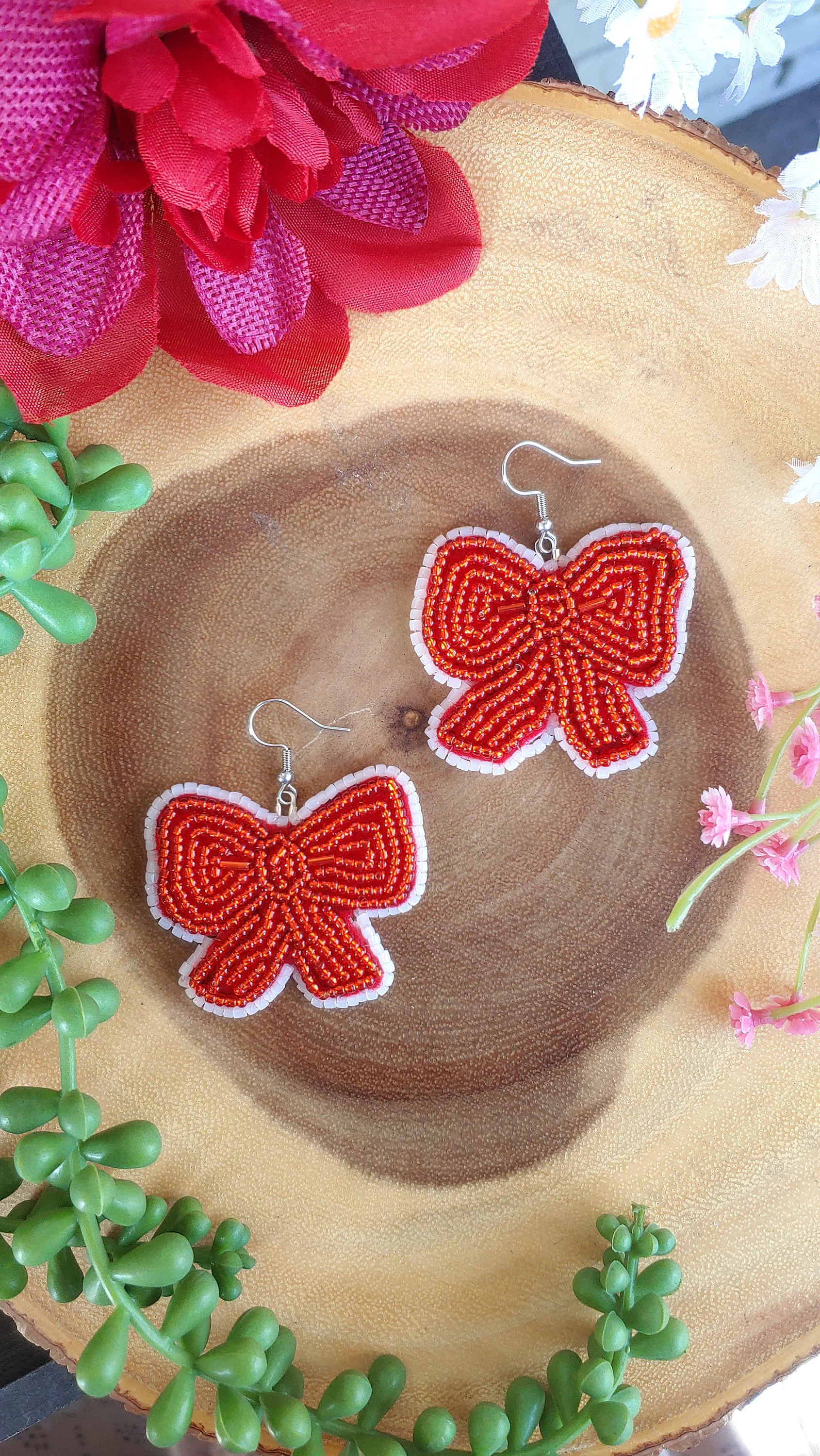 Christmas Red Bow Beaded Earrings - Embroidered Holiday Handmade Earrings, Wearable Art Gift,  Ch... | Etsy (US)