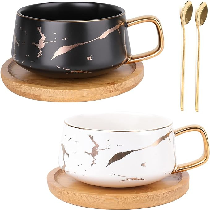 Peohud 2 Pack Ceramic Tea Coffee Cup, 10 OZ Coffee Mug with 304 Stainless Steel Spoon and Bamboo ... | Amazon (US)