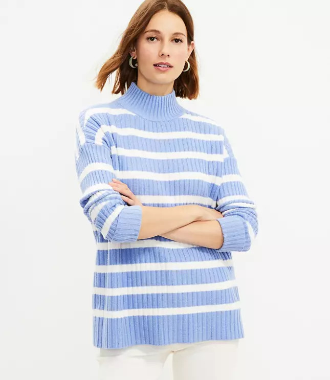 Striped Ribbed Poncho Tunic Sweater | LOFT