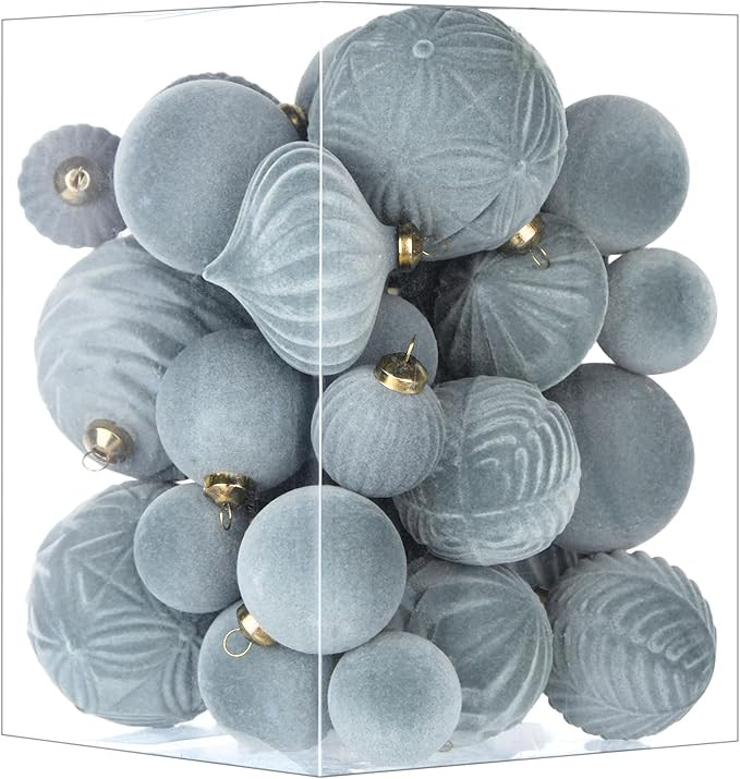 Flocked Ornaments for Christmas Tree Decorations - 35pcs Gray Velvet Ball Ornament for Winter Hol... | Amazon (US)