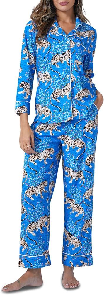 Danedvi Women's 2 Piece Long Sleeve Pajama Set Leopard Print Sleepwear Notch V Neck Tops with Poc... | Amazon (US)