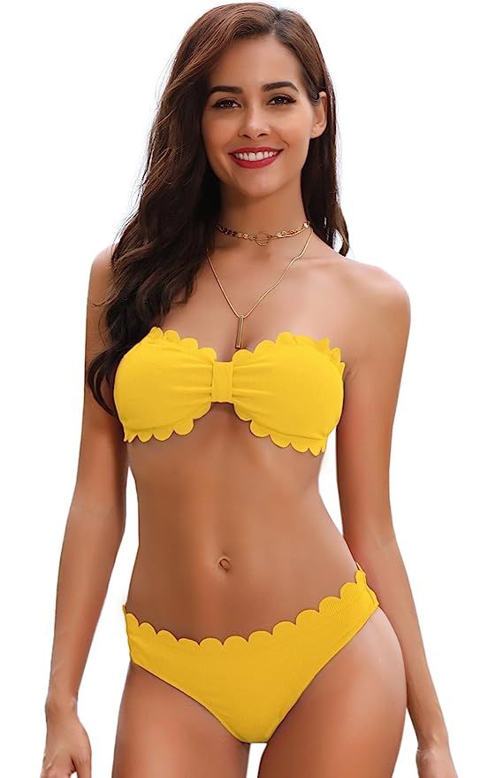 SHEKINI Women's Sexy Scalloped Trim Lace Bandeau Bikini Set Two Pieces Swimwear | Amazon (US)