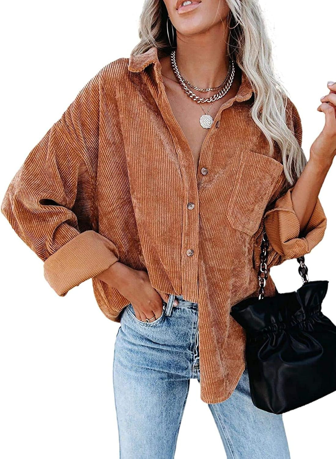 MIHOLL Women Corduroy Long Sleeve Button Down Collared Shirt Jacket Tops | Amazon (US)