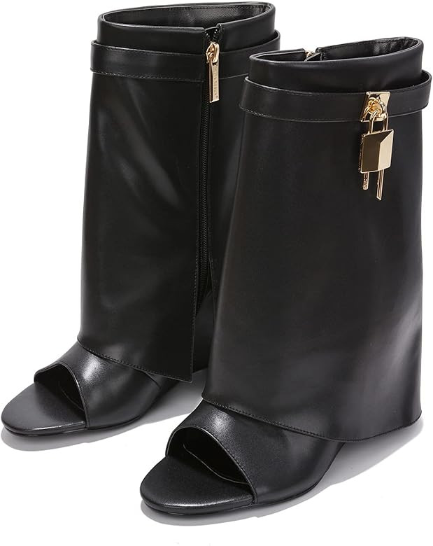 Cape Robbin Women Fold Over Boots, Wedge Heel Mid Calf Ankle Boot with Padlock | Amazon (US)