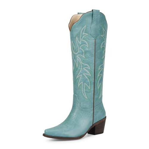 wetkiss Blue Cowboy Boots for Women Knee High Cowgirl Boots with Chunky Low Heel and Pointed Toe, Womens Retro Embroidered Western Boot for Concert Party Festival Event, Blue Tall Boot, Size 7 | Amazon (US)