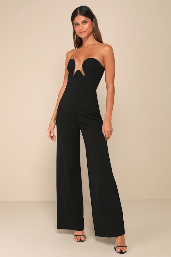 Sultry Composure Black Strapless Wide-Leg Cutout Front Jumpsuit | Lulus