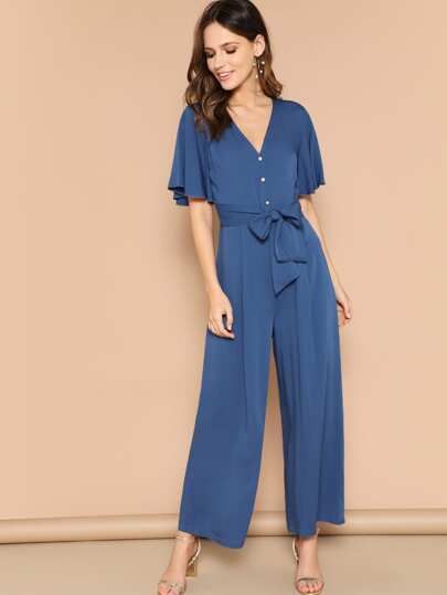 Button Front Flutter Sleeve Belted Palazzo Jumpsuit | SHEIN
