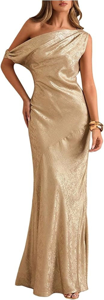 OYOANGLE Women's Metallic Off The Shoulder Bodycon Fishtail Maxi Dress | Amazon (US)