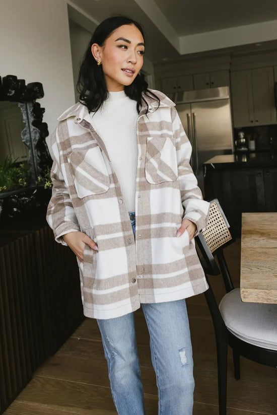Madeline Plaid Shacket in Taupe | Bohme