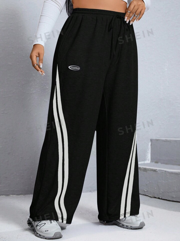 SHEIN EZwear Plus Letter Patched Detail Contrast Tape Drawstring Waist Wide Leg Sweatpants | SHEIN