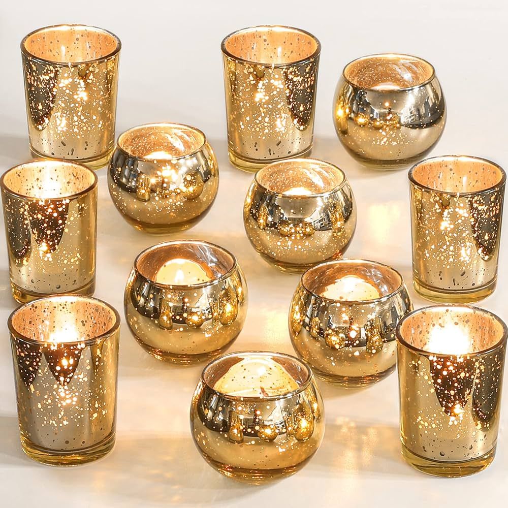Gold Votive Candle Holders 12Pcs Assorted Gold Mercury Glass Votives Tealight Candle Holder Gold ... | Amazon (US)