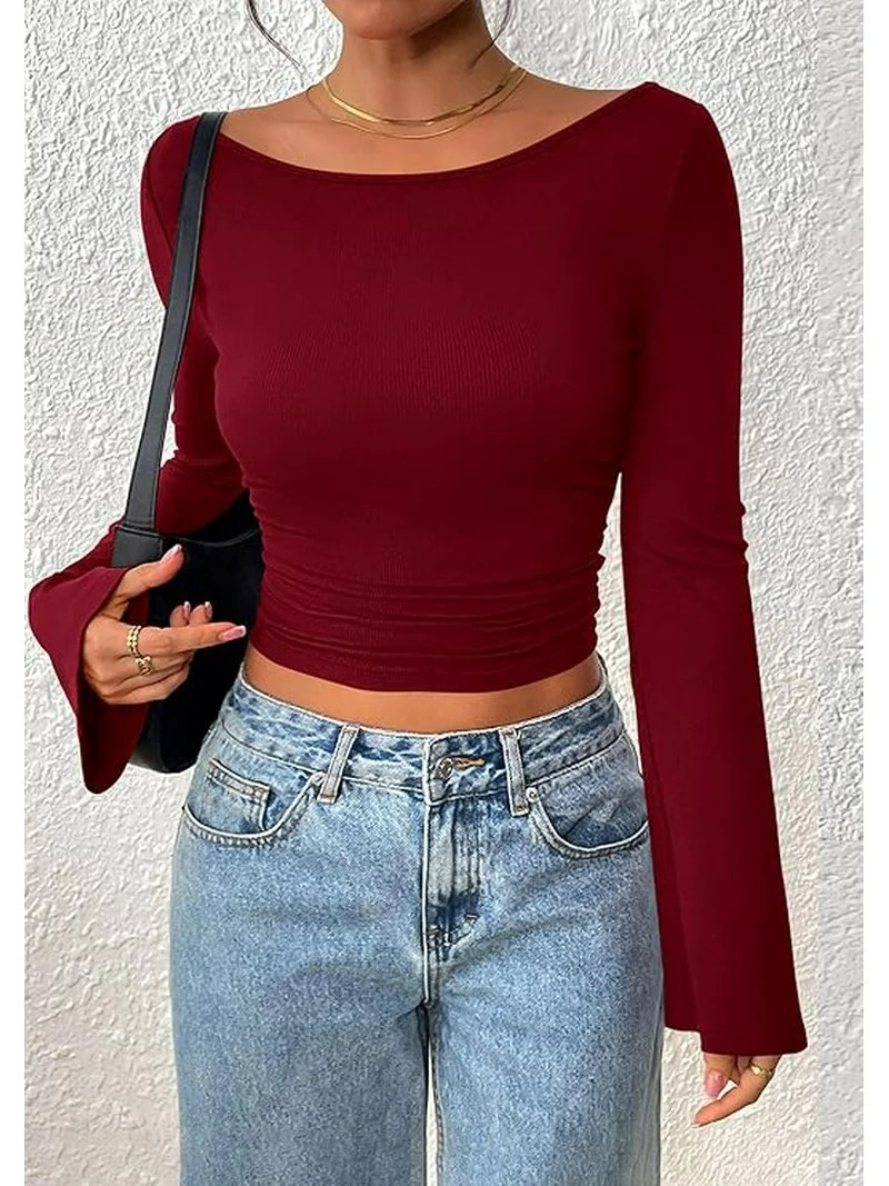 PRETTYGARDEN Women's Long Sleeve Shirts Fall Going Out Tops Casual Boat Neck Bell Sleeve Ribbed R... | Walmart (US)