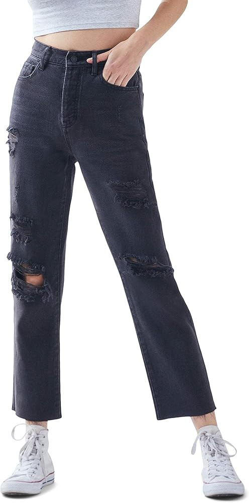 PacSun Women's Black High Waisted Straight Leg Jeans - Worn Look Ripped Denim, Black Wash | Amazon (US)