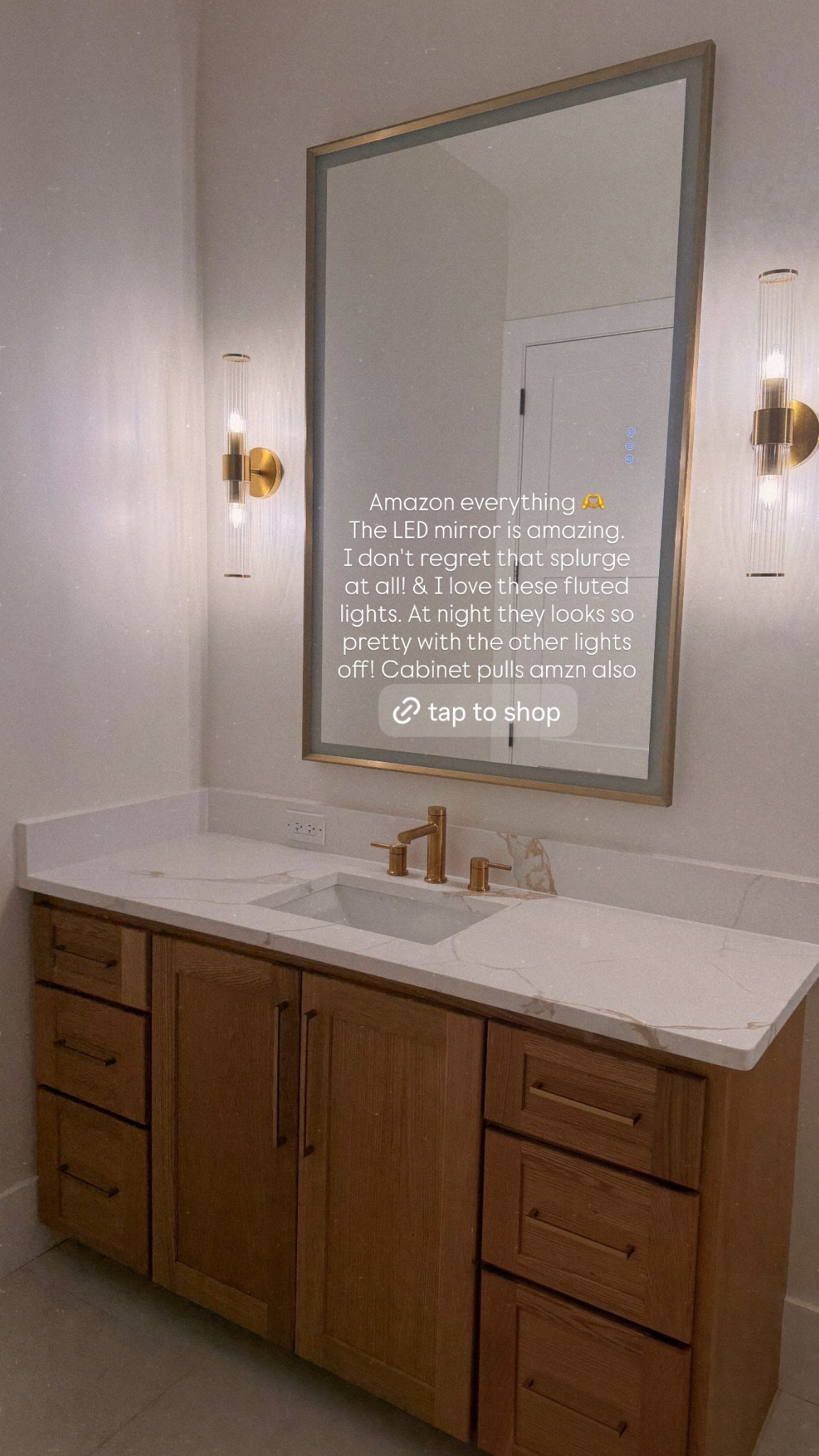 Amazon everything 🫶
The LED mirror is amazing. 
I don't regret that splurge at all! & I love these fluted lights. At night they looks so pretty with the other lights off! Cabinet pulls amzn also