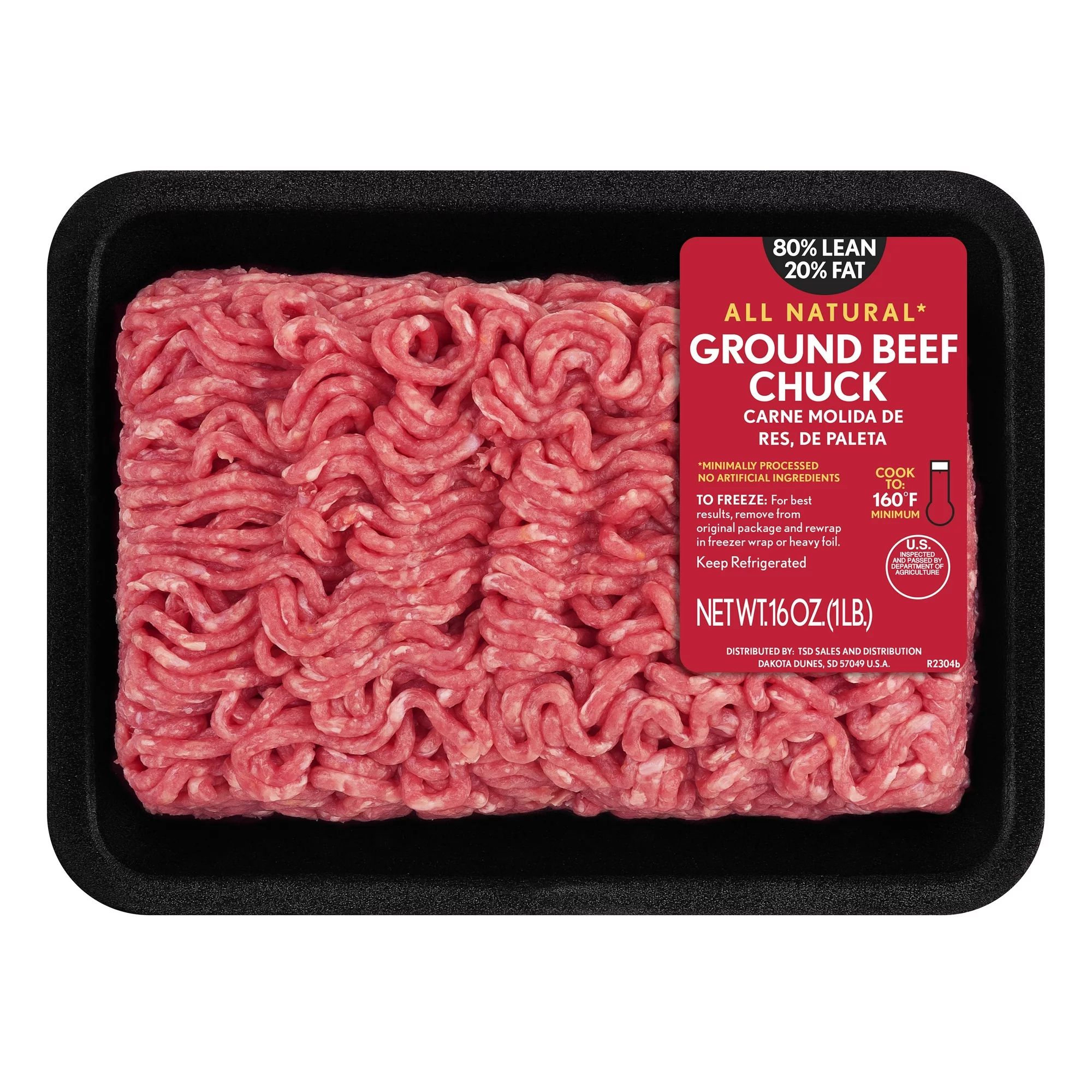 All Natural* 80% Lean/20% Fat Ground Beef Chuck, 1 lb Tray | Walmart (US)
