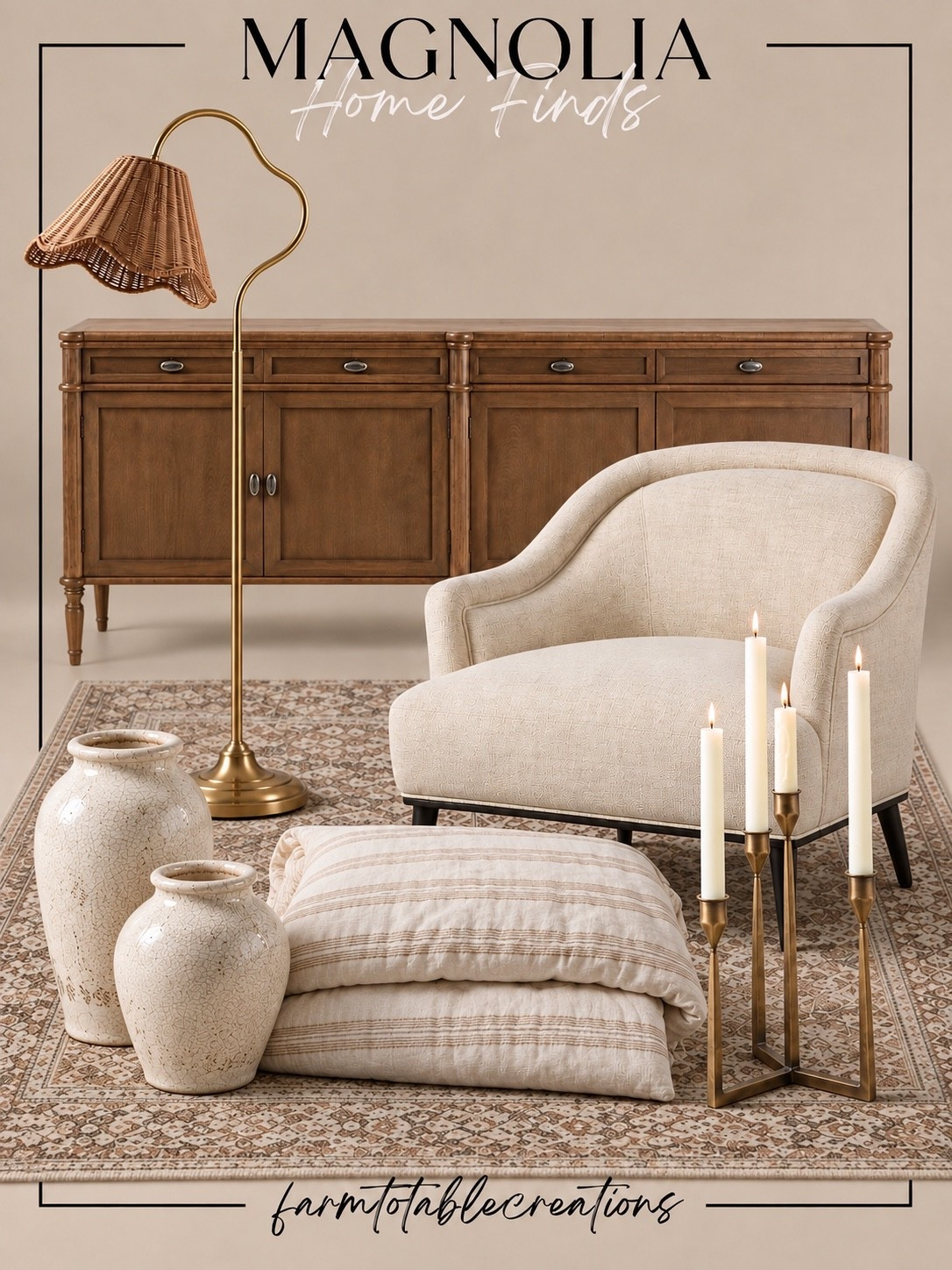 Magnolia Home Finds 🤎

Magnolia does warm, timeless interiors so beautifully! These finds blend rich wood tones, creamy upholstery, vintage-inspired patterns and aged brass details for that effortlessly collected look that feels both elevated and inviting.

Follow @farmtotablecreations on Instagram for more cozy home finds and trending decor.

The wood sideboard and statement floor lamp are such gorgeous anchors, while the neutral rug, textured pillows, ceramic vases and brass candleholders add those softer finishing layers. Perfect inspiration for a living room, dining room or entryway refresh that won’t feel dated next season.

#LTKHome #Magnolia #MagnoliaHome #MagnoliaMarket #MagnoliaStyle #HomeDecor #HomeDecorFinds #NeutralHome #CozyHome #WarmNeutrals #DesignerInspired #TimelessHome #CollectedHome #ModernFarmhouse #LTKFinds

#LTKHome #LTKSaleAlert