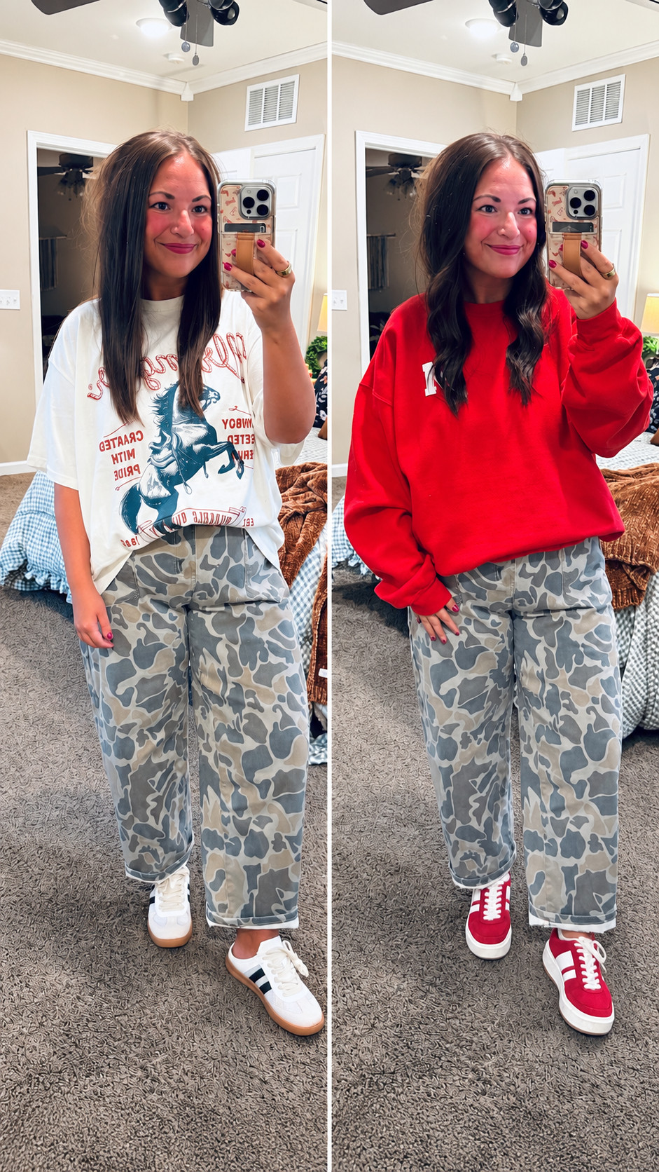 Amazon camo pants styled two ways! ❤️ Pair them with a graphic tee or a cozy sweatshirt & sneakers for a comfy, casual look. Which outfit is your favorite?
