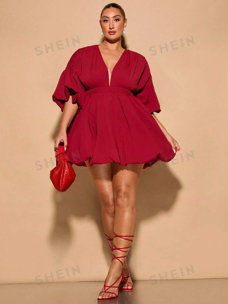 SHEIN BAE Plus Size Autumn Red Deep V-Neck Bud Shape Elastic Waist Sexy And Sweet Mini Dress Suit... | SHEIN