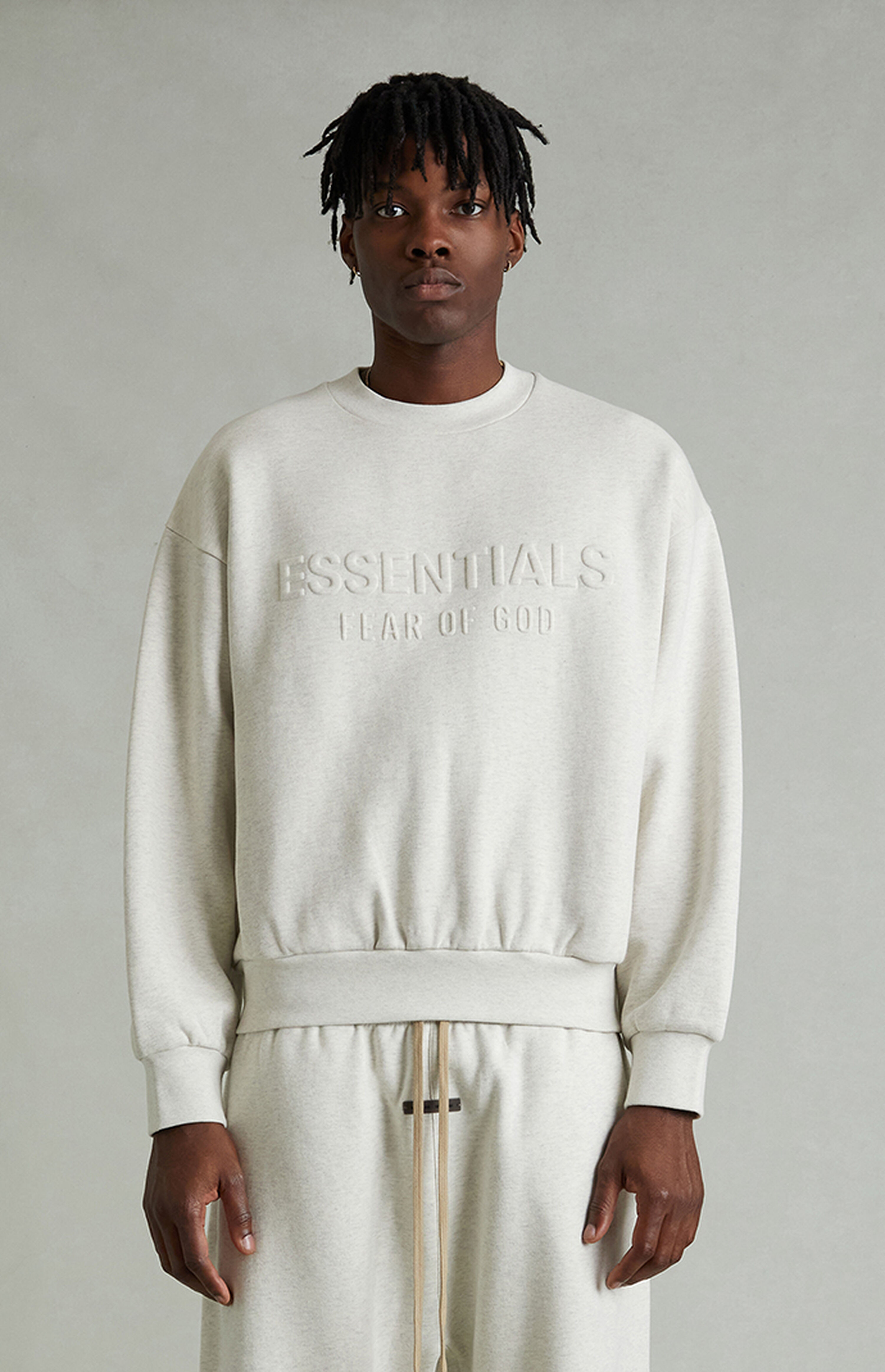 Fear of God ESSENTIALS Heather Oatmeal Embossed Classic Crew Neck Sweatshirt | PacSun