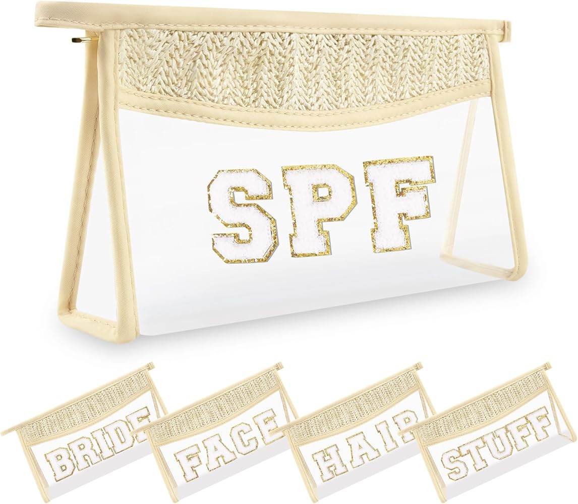 Small Boho Straw Clear Spf Makeup Bags for Women&Girls, Zipper Cosmetic Bag Chenille Varsity Lett... | Amazon (US)