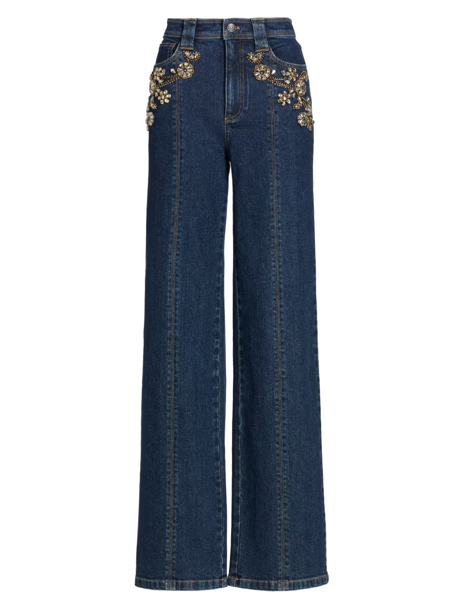 Cami Crystal Ivy-Embellished High-Rise Straight-Leg Jeans | Saks Fifth Avenue