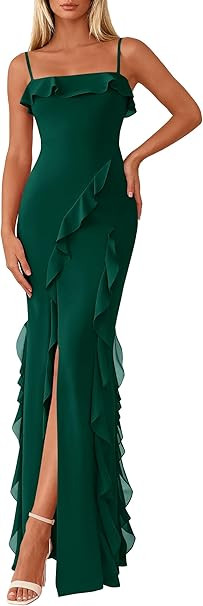 PRETTYGARDEN Women Bodycon Maxi Dress Mesh Ruffle Spaghetti Strap Square Neck Formal Cocktail Wed... | Amazon (US)