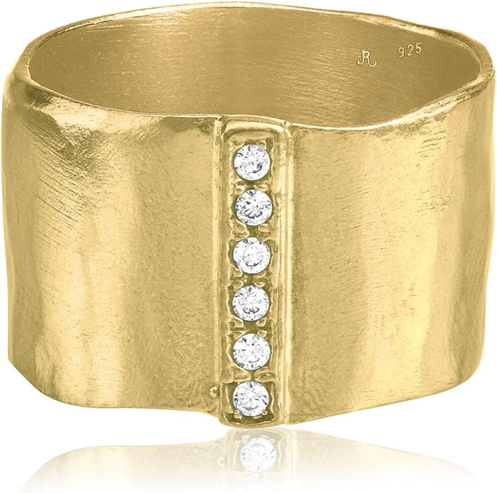 14K Gold Over Sterling Silver Statement Rings With 0.18 TCW Cubic Zirconia, Textured Hammered Wid... | Amazon (US)