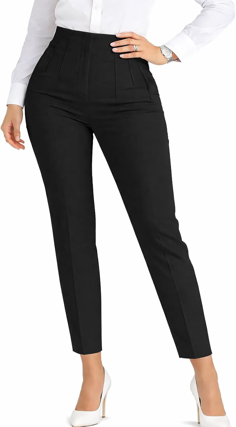 Womens Stretchy Dress Pants 2026 Trendy High Waisted Pleated Straight Leg Business Work Casual Trousers | Amazon (US)
