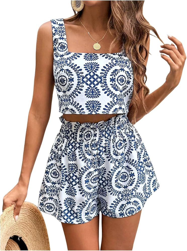 SweatyRocks Women's Summer Outfits Tribal Print Crop Tank Top and Wide Leg Shorts 2 Piece Set | Amazon (US)