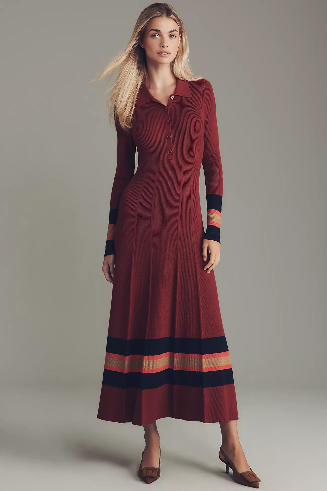Maeve Pleated Long-Sleeve Midi Sweater Dress | Anthropologie (US)