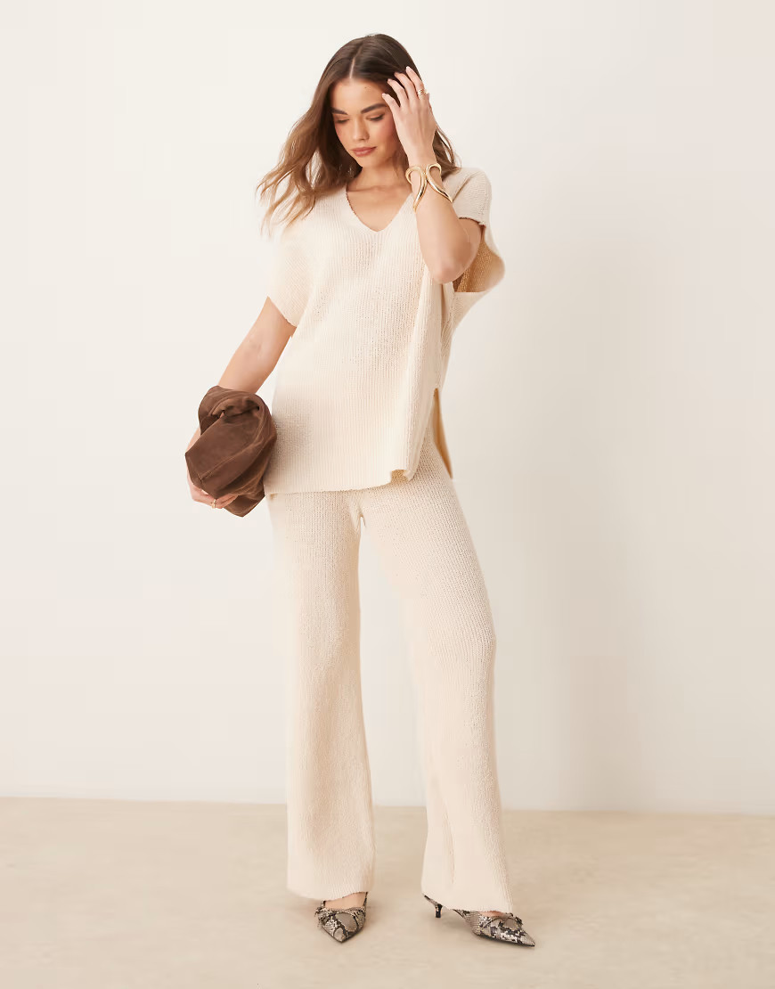 Pretty Lavish rib knit relaxed trouser co-ord in cream-White | ASOS (Global)