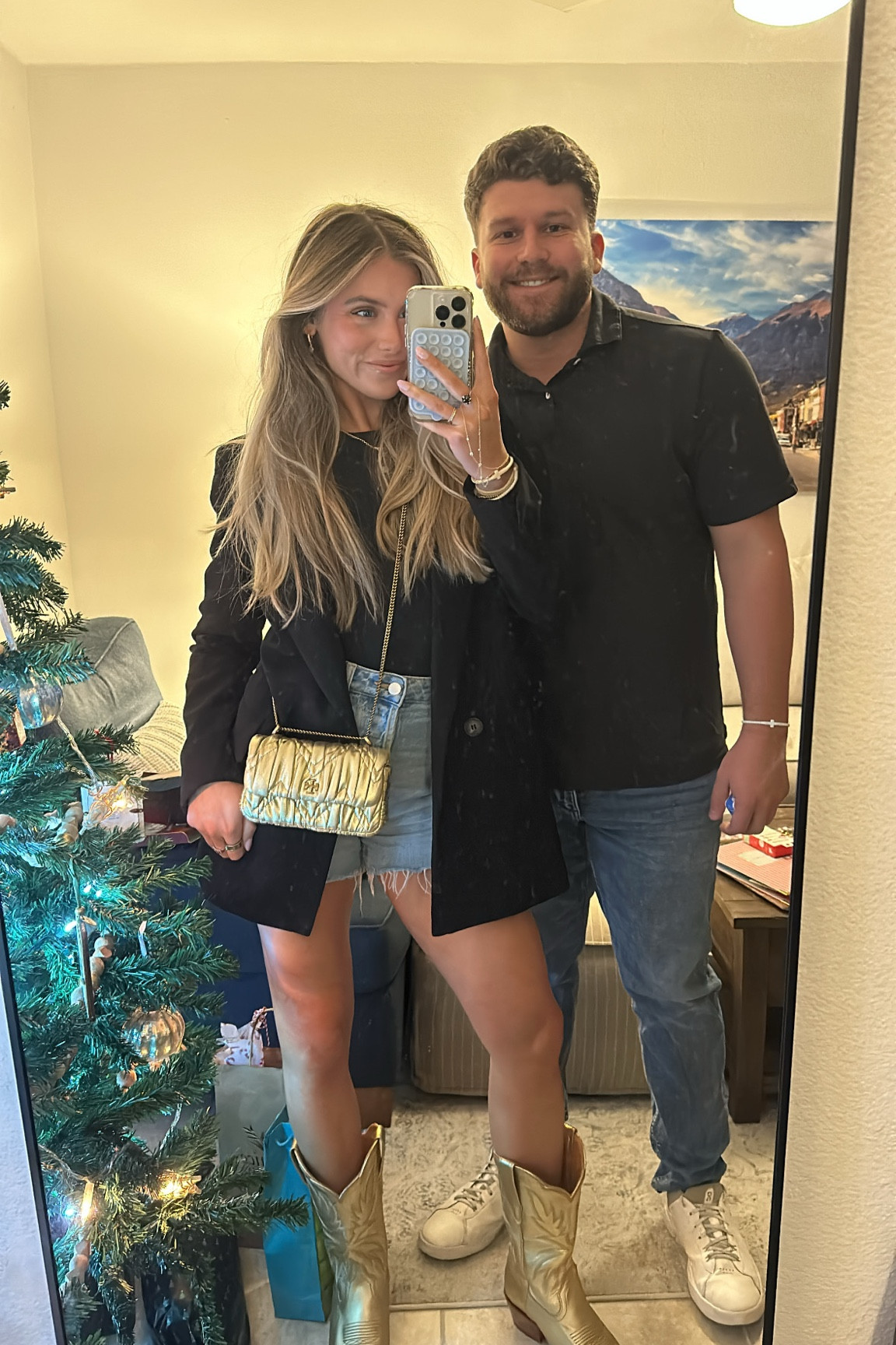 Joeys outfit: men’s rag and bone fit 4 straight denim jeans and Peter Millar crown crafted black polo shirt. Date night outfit. Sloane’s outfit: Rollas jeans original denim shorts. Good America crewneck suba bodysuit. Zara black oversized blazer jacket. Tecovas gold Sadie cowboy boots. Gold boots. Gold Tory Burch bag. Static nails  

#LTKMens #LTKStyleTip #LTKShoeCrush