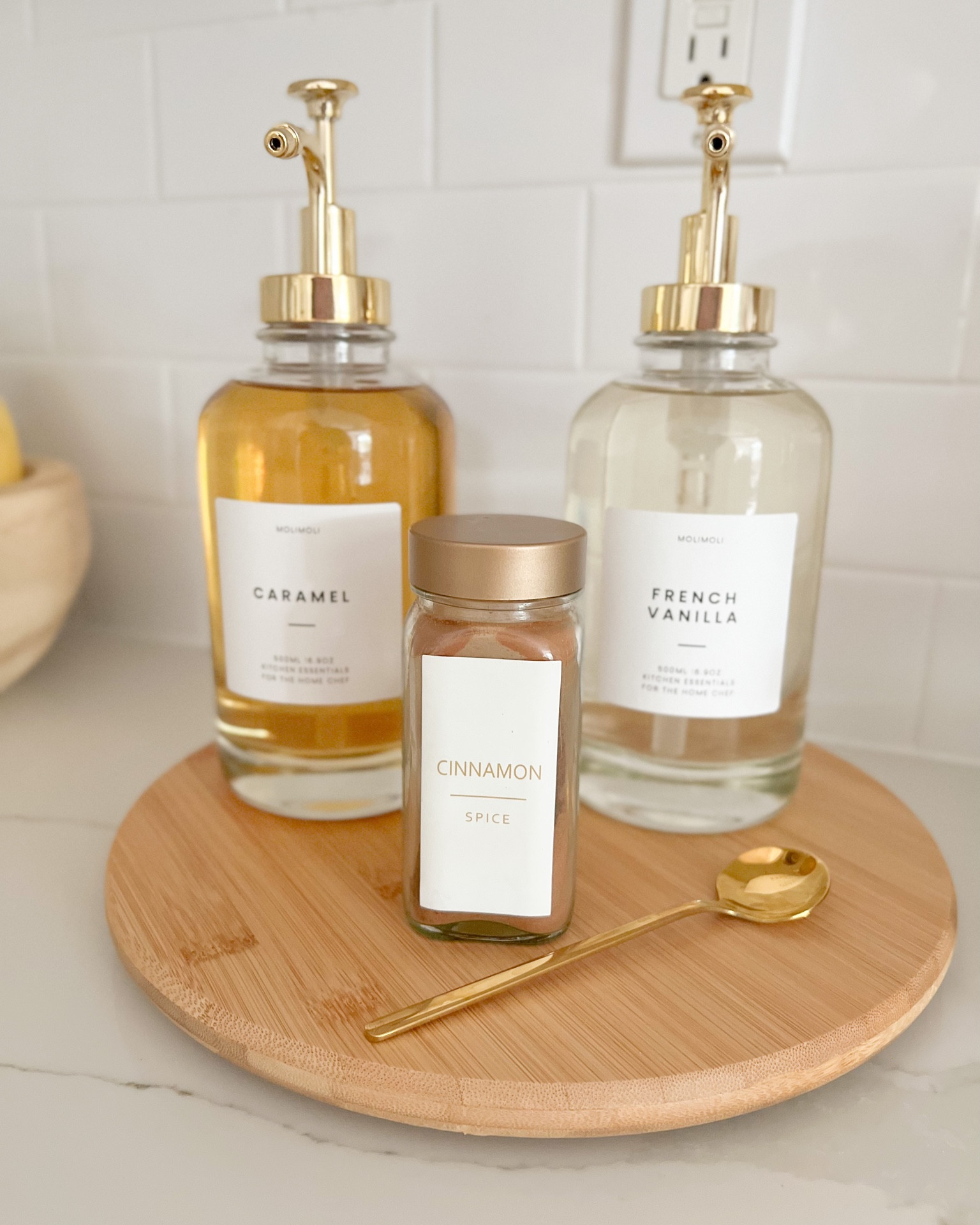 Amazon prime day coffee bar favorites! These glass coffee syrup bottles are amazing quality & come with the labels too! 

Spice jars, gold spoons, lazy Susan, kitchen finds

#LTKunder100 #LTKunder50 #LTKsalealert